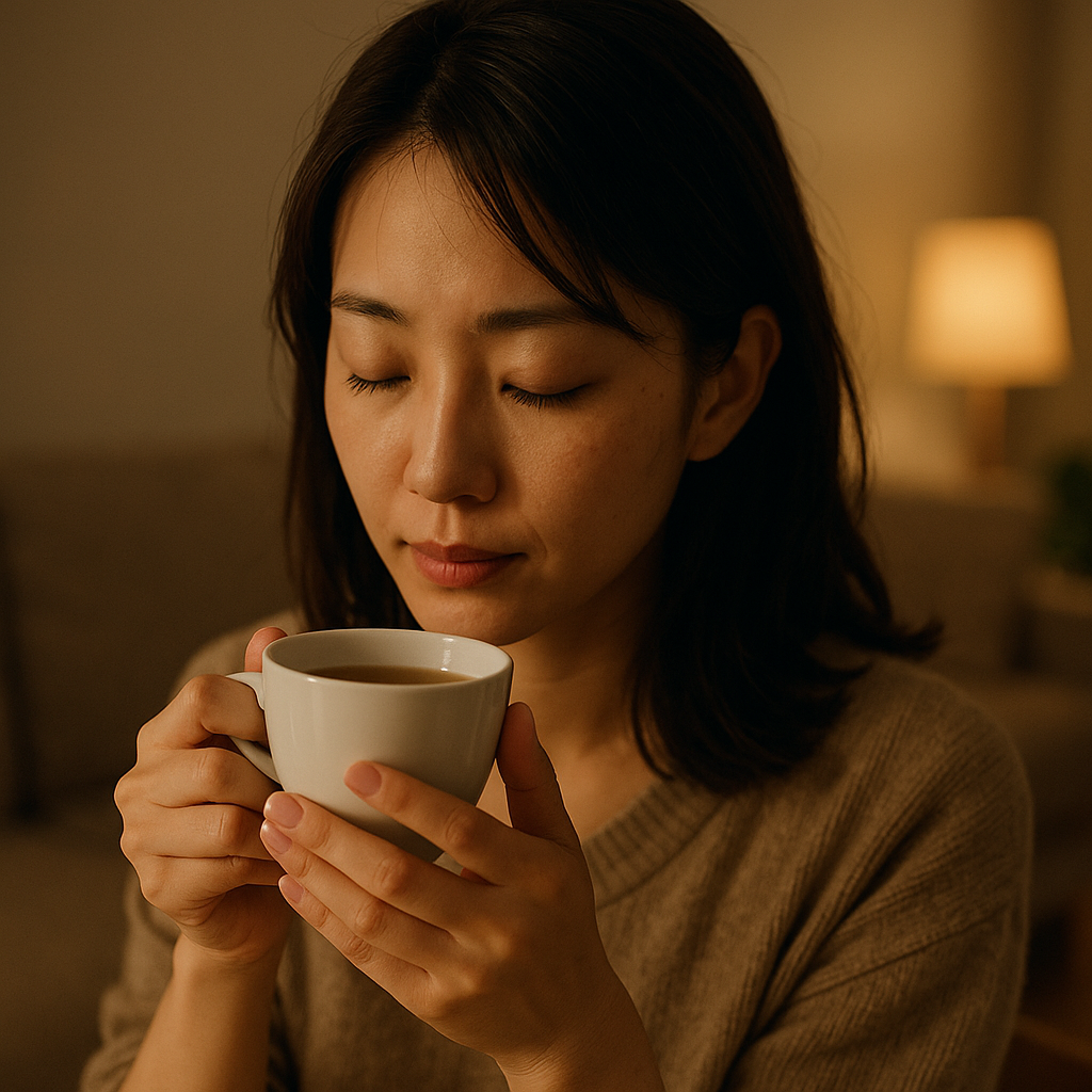 夜、温かいお茶を飲みながらリラックスする母親