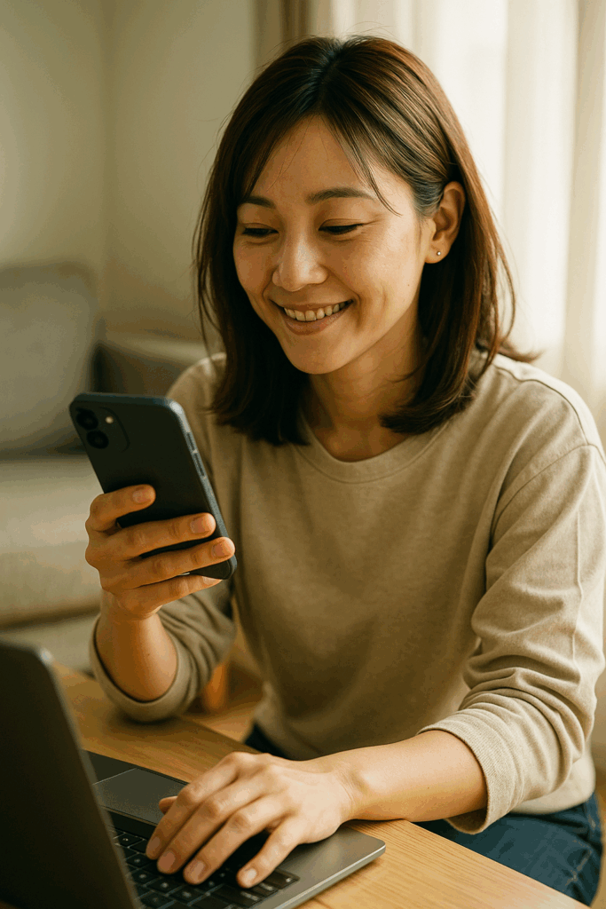 育児の合間にスマホでデジタル時短術を使う母親