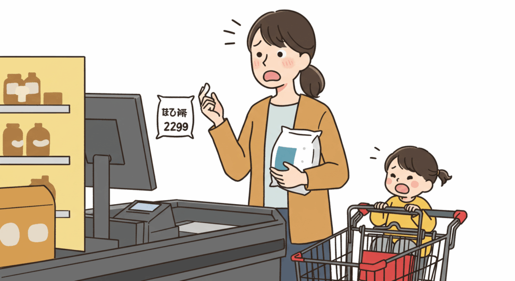 レジ前で米の価格の高さに驚いている親子