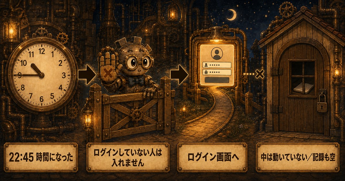予約実行の流れ。時間になっても門番に止められ、ログイン画面へ送られてしまい、仕事場には一度もたどり着いていない様子