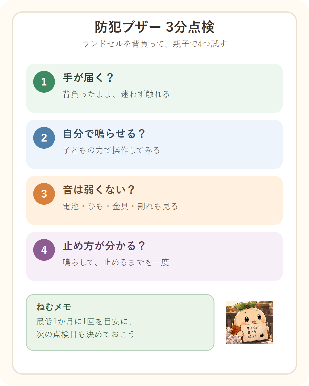 防犯ブザーをランドセルを背負って親子で試す4項目。手が届く、自分で鳴らせる、音が弱くない、止め方が分かる。