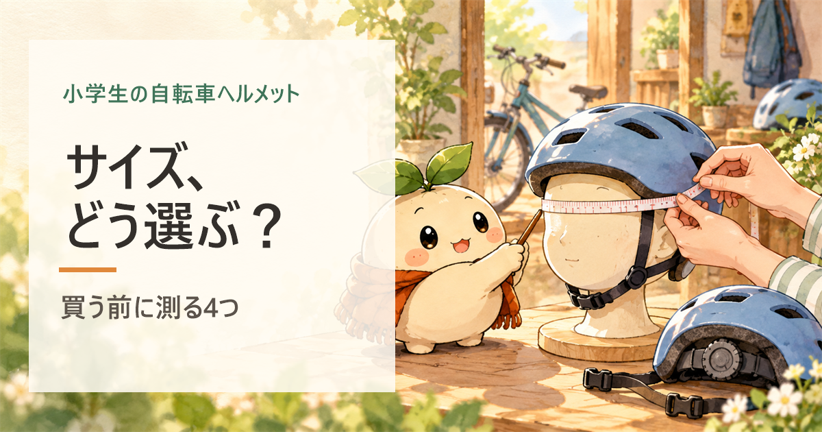 小学生の自転車ヘルメットを買う前に、頭囲を測り、サイズを確認するねむのイラスト