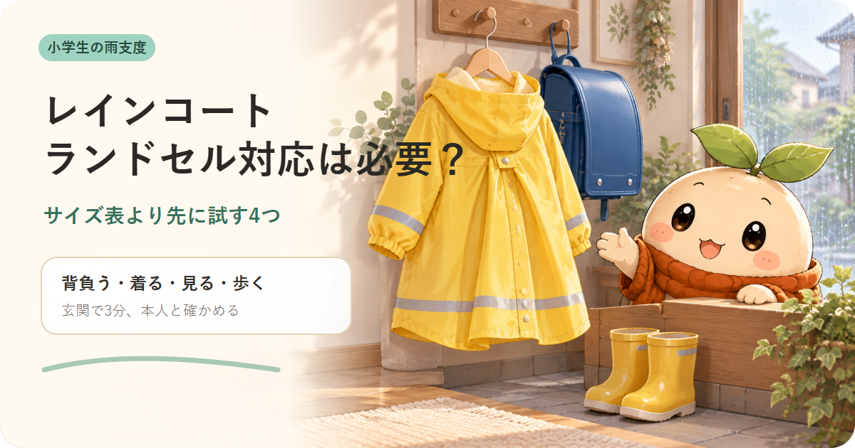 黄色いレインコート、青いランドセル、ねむが雨支度を案内する記事のアイキャッチ。