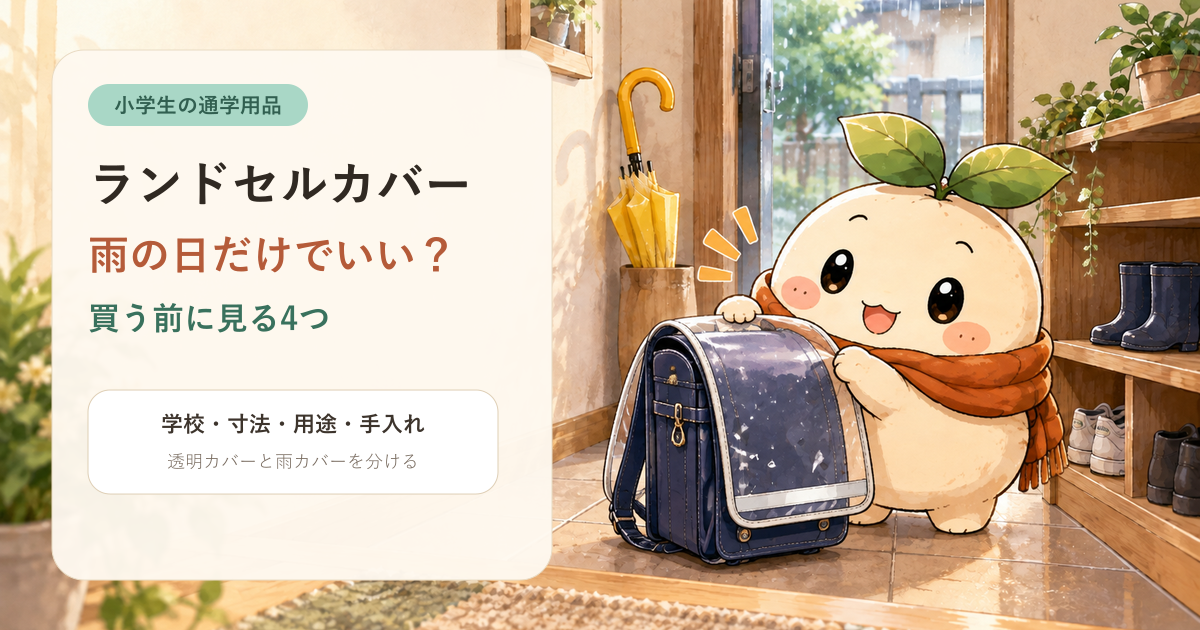 ねむが透明カバーをランドセルに合わせ、購入前の4項目を確認するアイキャッチ。
