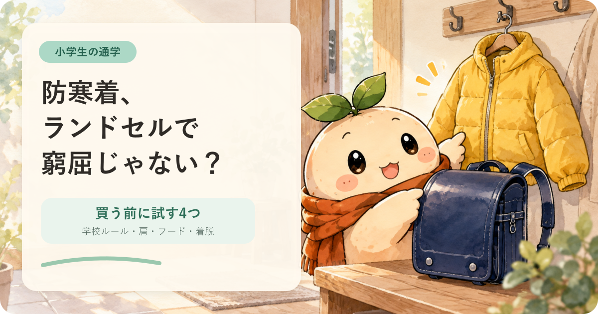 黄色い防寒着、紺色のランドセル、ねむが冬の通学準備を案内する記事のアイキャッチ。