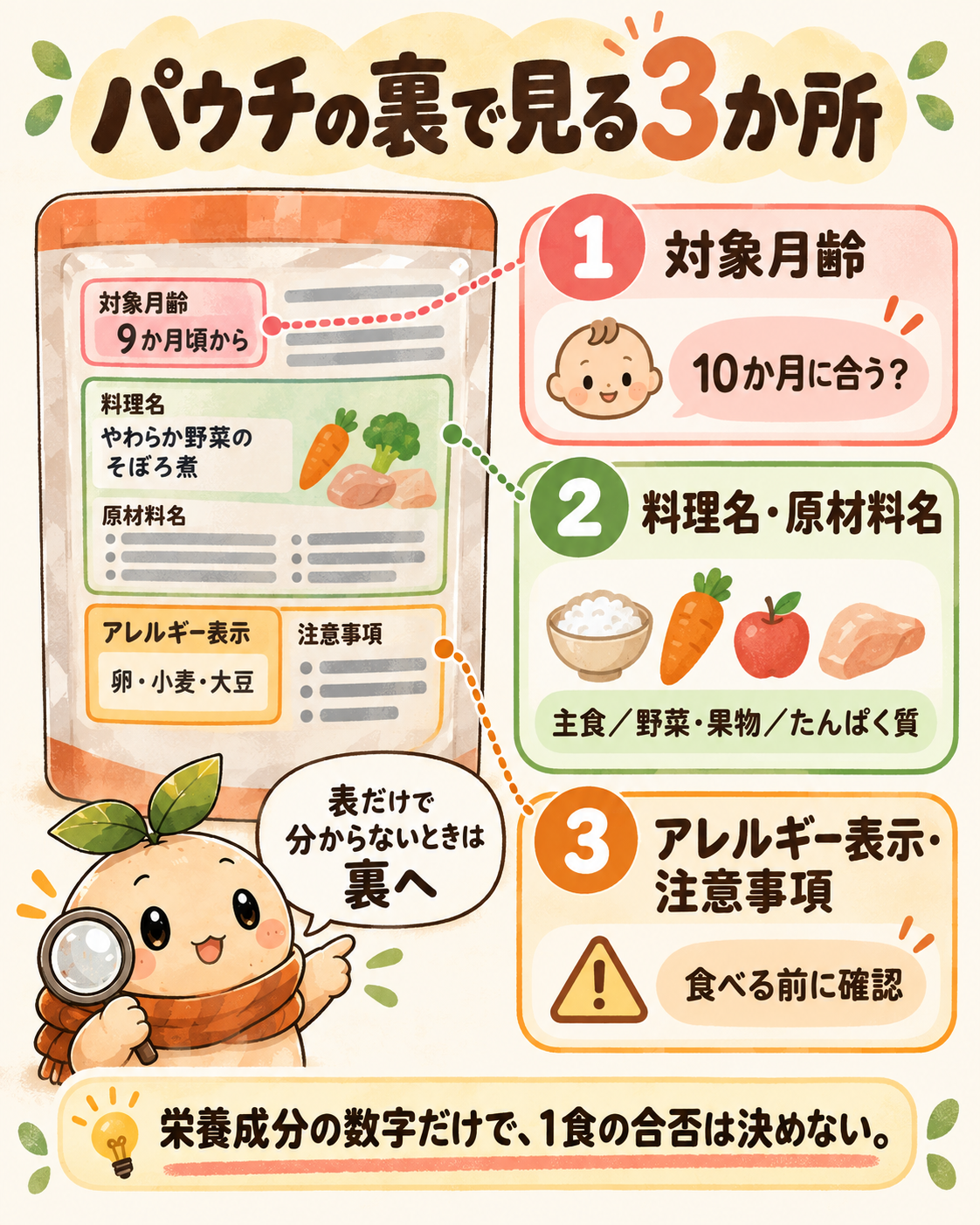 架空のベビーフード表示例で、対象月齢・料理名と原材料・アレルギー表示と注意事項の3か所を示す図解