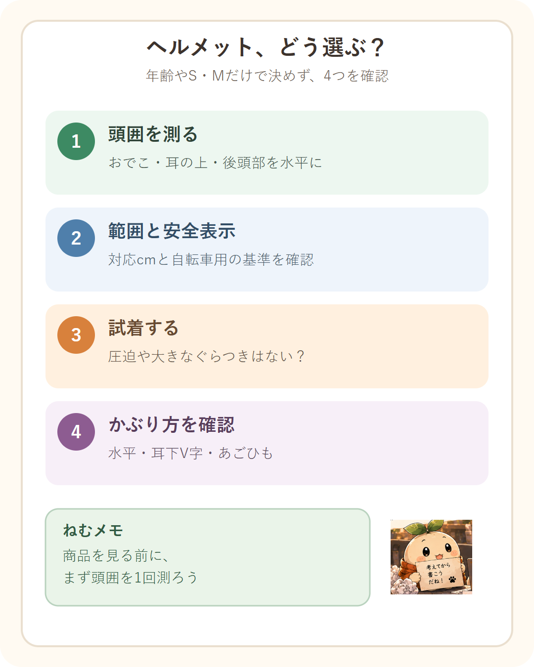 小学生の自転車ヘルメットを選ぶ前に、頭囲、対応範囲と安全表示、試着、かぶり方を確認する図解。