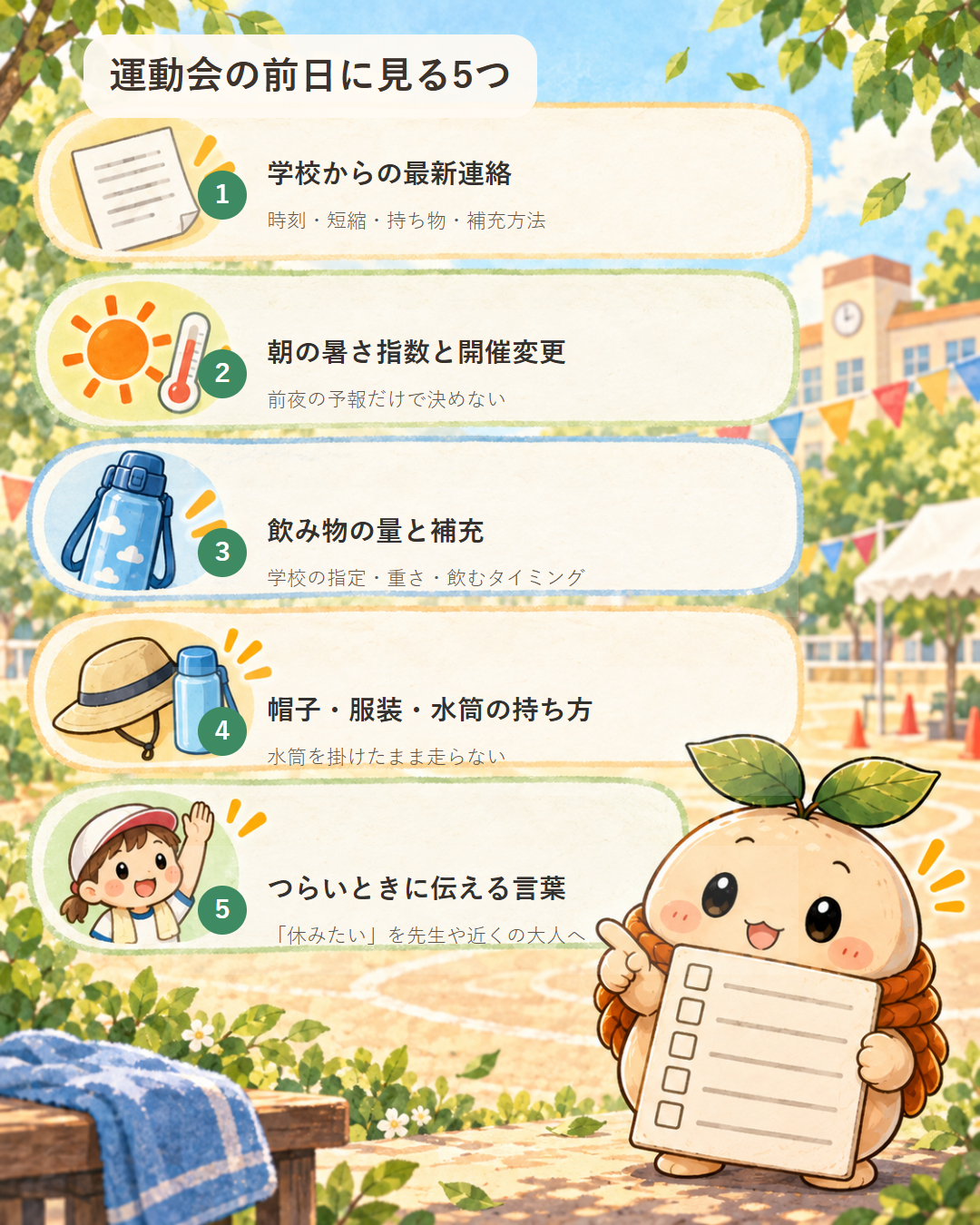 運動会前日に確認する5項目。学校連絡、朝の暑さ指数、飲み物、帽子・服装・水筒の持ち方、つらいときに伝える言葉。