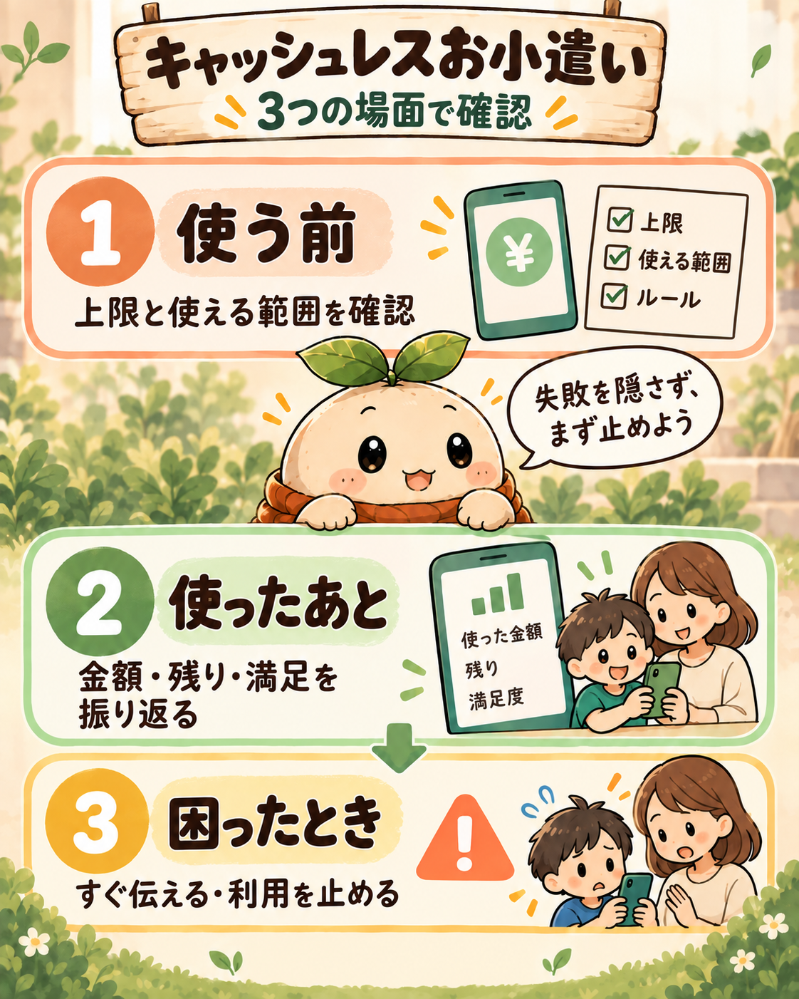 キャッシュレスお小遣いを使う前、使ったあと、困ったときの3場面で確認する図解