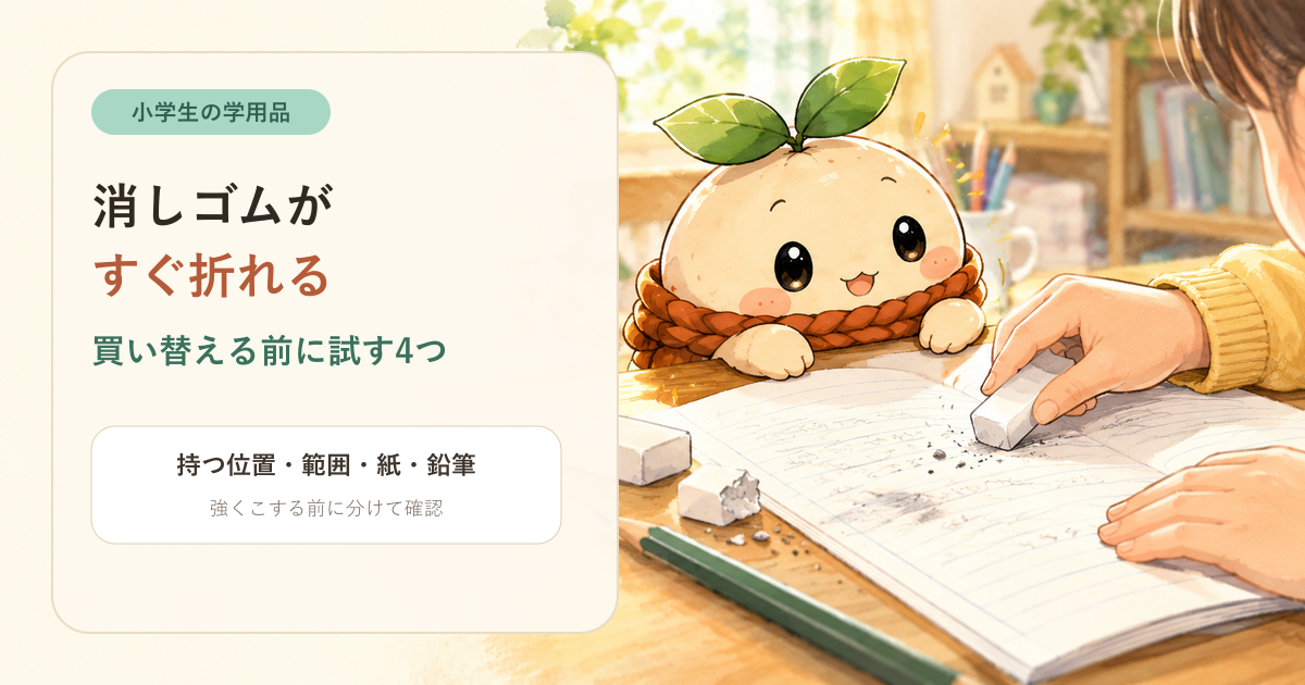 ねむと子どもが折れた消しゴムとノートを見ながら消し方を確認するアイキャッチ