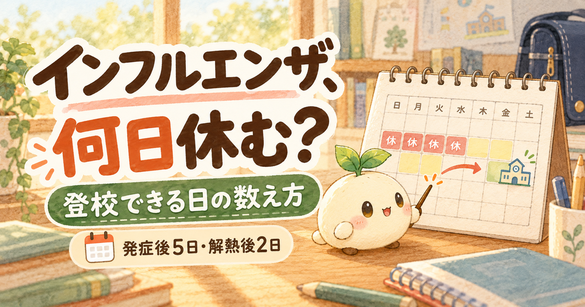 ねむがカレンダーを指して、小学生のインフルエンザで何日休むか、登校できる日の数え方を案内するアイキャッチ
