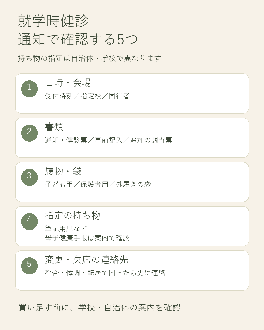 就学時健診の通知で日時・会場、書類、履物と袋、指定の持ち物、変更や欠席の連絡先を確認する図